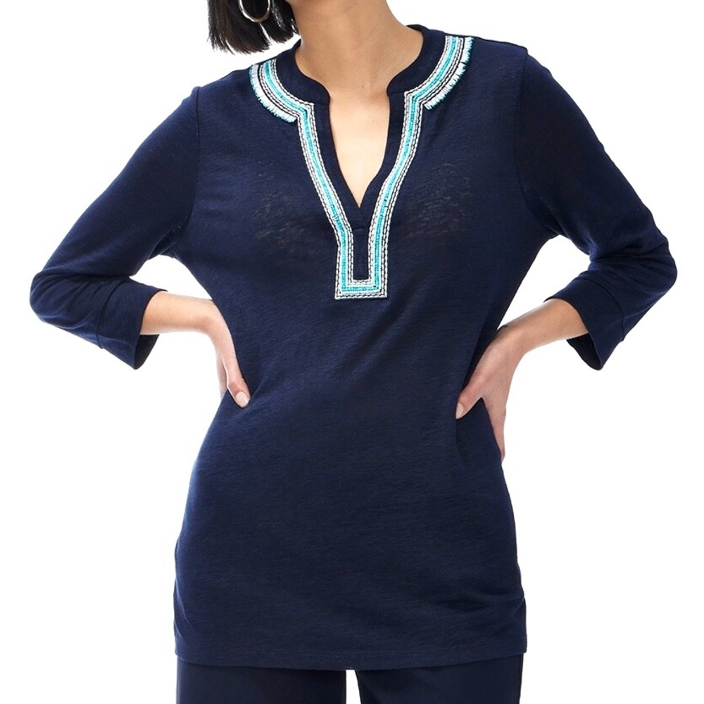 Chico’s Beaded Linen Tunic Top Women’s Size XL Stretch Knit Lightweight Bohemian